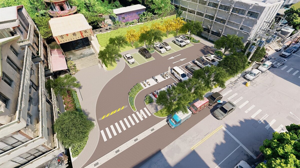 清水區鰲峰活動中心拆除闢建停車場,景觀綠化融入海線特色。圖/台中市政府提供