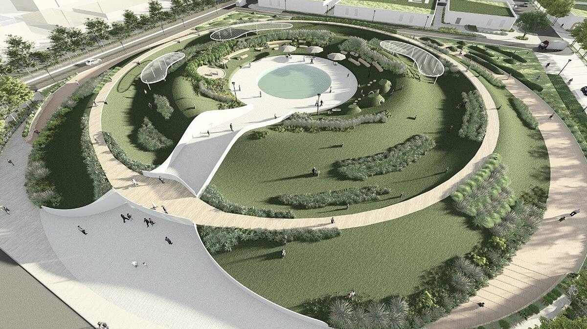 濱江水資源再生中心,地上規畫為公園,以「漣漪」與「綠意」為設計理念,開闢成賞機景觀休憩公園。圖/衛工處提供