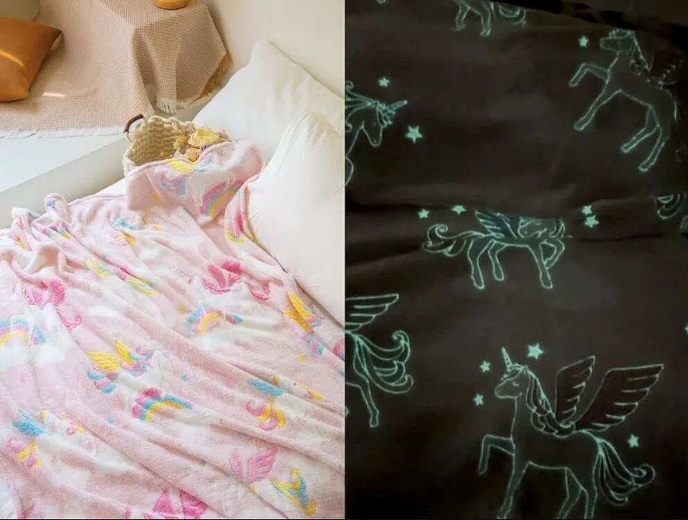 夜光版小毛毯,每一件都可愛小角色在夜光中會微微發亮,很受家有幼稚園小孩的父母喜愛。圖/芮格居家提供