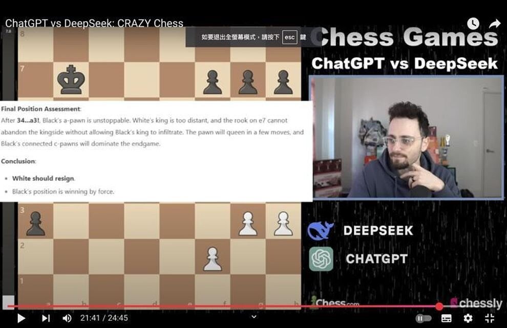 DeepSeek稱「分析後白棋已無法阻擋黑棋攻勢」,建議白棋不要浪費時間直接投降,而ChatGPT也被對方給說服,直接投降認輸。圖/取自Levy Rozman的頻道