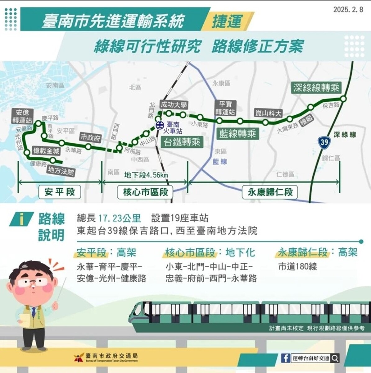 台南捷運綠線修正方案,啟動專家諮詢及民意溝通作業。圖/台南市交通局提供