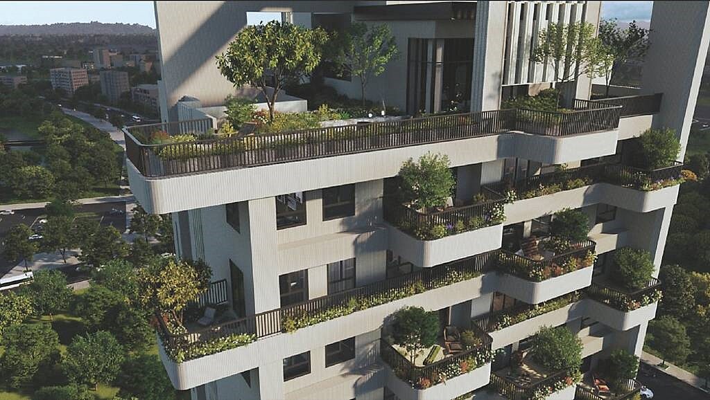 台中市單元五「精銳LEAD」宜居陽台以曲線造型建構流動感,讓綠意跳層律動。示意圖/精銳提供