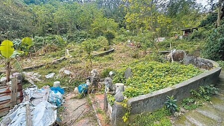 新北市新店區永平里山區早期遭民眾占用修築墳墓安葬往生者,有家屬遷葬後又未處理空墓,導致環境髒亂。(賀培晏攝)