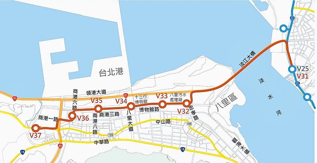 新北市政府推動八里輕軌，經11次提報行政院審議屢遭退回。圖為八里輕軌路網圖。（新北市捷運局提供）