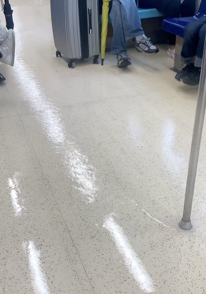 北捷車廂地板也遭雨水灌進而積水。圖/擷取自@henhenjack0609 社群