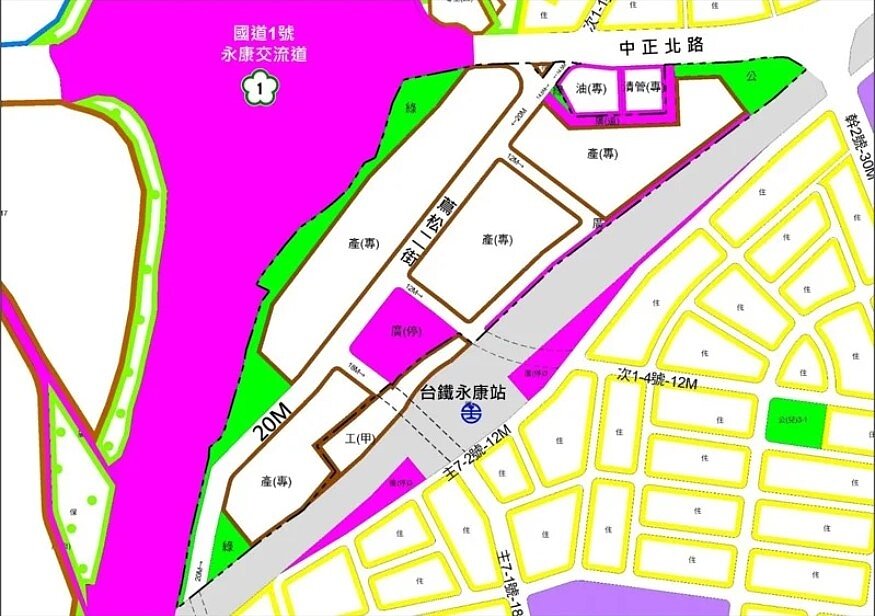 永康車站北側總面積11.737公頃的土地，都市計畫變更轉型為產業專用區等，並將設公園、停車場等公共設施。圖／台南市都發局提供
