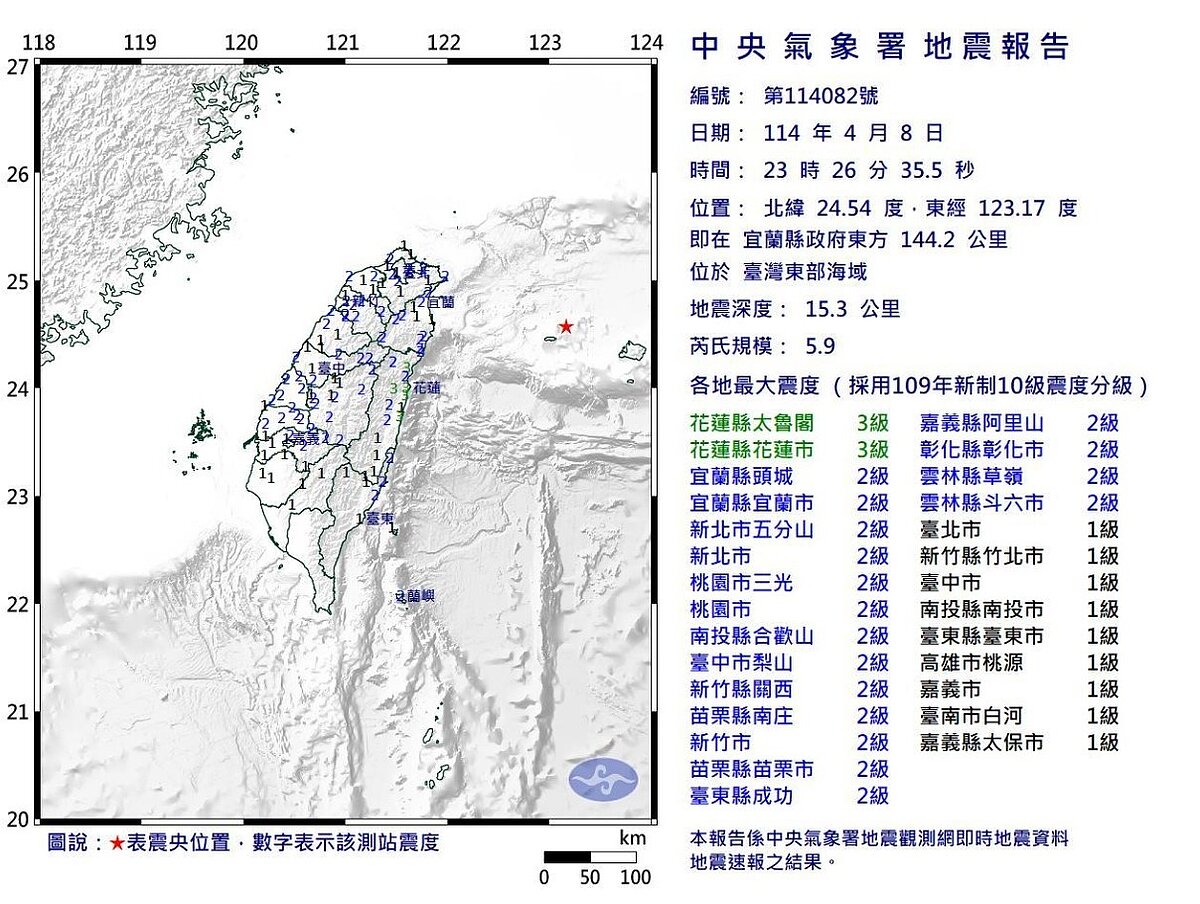 東部海域8日晚間11時26分發生規模5.9地震，地震深度15.3公里，最大震度3級。圖／中央氣象署提供
