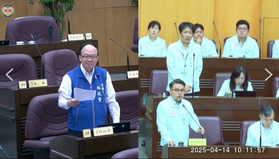 桃園市議員林政賢針對都市更新、社會住宅、桃園大巨蛋及監獄遷移等議題提出質詢。圖：桃園市議員林政賢提供
