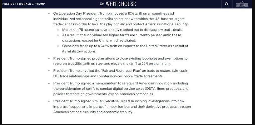 白宮最新聲明指出,由於中國採取報復行動,對中國進口美國的商品關稅已由現在的145%提高至245%。取自白宮官網
