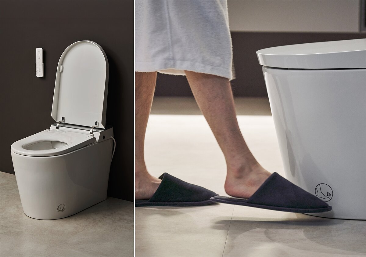 OVO京典衛浴Vortex⁺渦流式全自動馬桶導入「腳觸科技」,可針對不同的使用情境提供直覺式操作體驗。圖/OVO京典衛浴提供