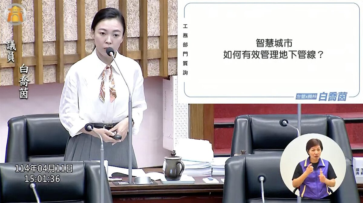 市議員白喬茵質疑工務管理暨決策輔助平台,管路資訊缺乏管路深度等三維資訊,且施工單位、搶修單位無法即時回傳突發訊息。圖/翻攝自高雄市議會直播