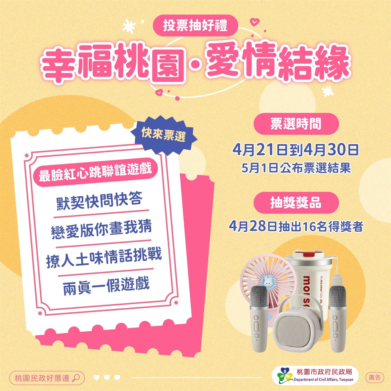 桃園市民政局為協助單身男女找到理想伴侶,舉辦「幸福桃園.愛情結緣」聯誼活動。圖:民政局提供
