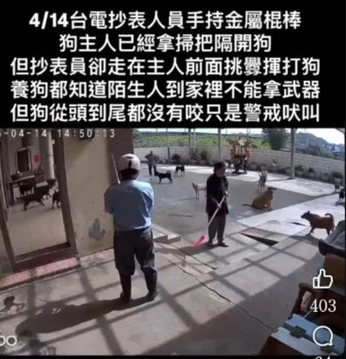 苗栗縣頭份市濫坑地區日前有台電抄表員帶金屬棍棒到一家飼養多隻寵物犬的用戶住家查電表,過程中揮舞棍棒防身,但疑似擊中其中一隻寵物犬,影片被PO上網後,引起愛犬人士關切。圖/取自臉書社團