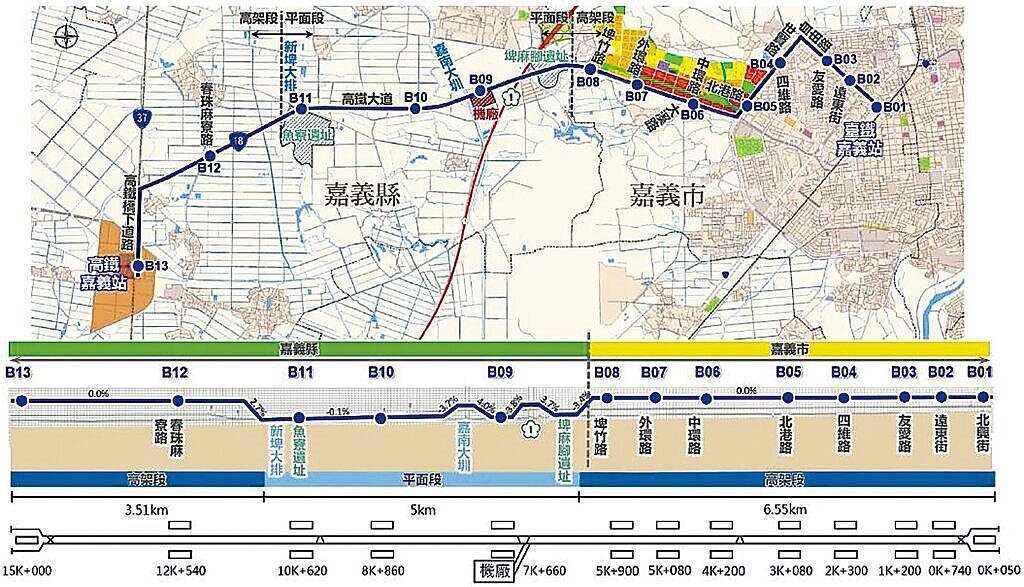 嘉義市規畫建設輕軌藍線,市府提報告遭交通部退回補正。圖為輕軌藍線路線圖。圖/摘自嘉義市交通處網站