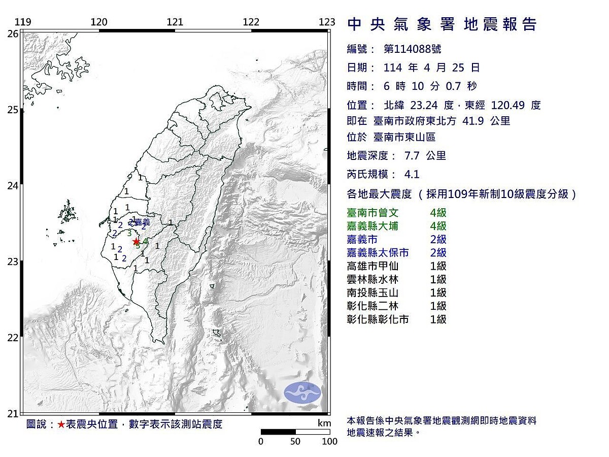 中央氣象署發布第88號顯著有感地震報告。圖／中央氣象署提供