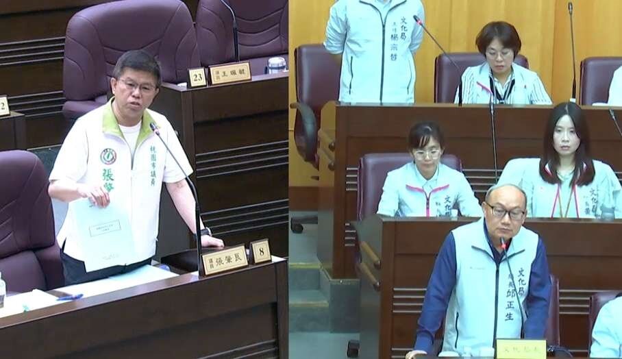 桃園市議員張肇良呼籲文化局儘速尋求專業團隊進行全面督工，確保工程品質與時程。圖：諶志明翻攝