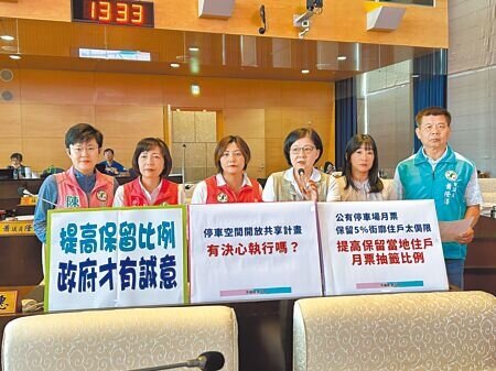 台中市公有停車場保留5%月票給同一街廓住戶抽籤,市議員張芬郁(右三)2日為住戶請命,要求放寬限制。(陳淑娥攝)