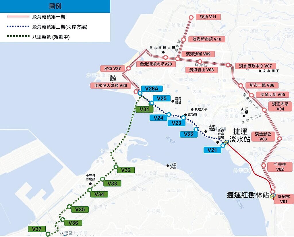 新北市捷運工程局啟動「淡海輕軌運輸系統計畫第二期路網先期標統包工程」,已順利發包,預計下半年開工。圖為淡海輕軌第二期路網圖。(新北市捷運局提供/高鈞麟新北傳真)