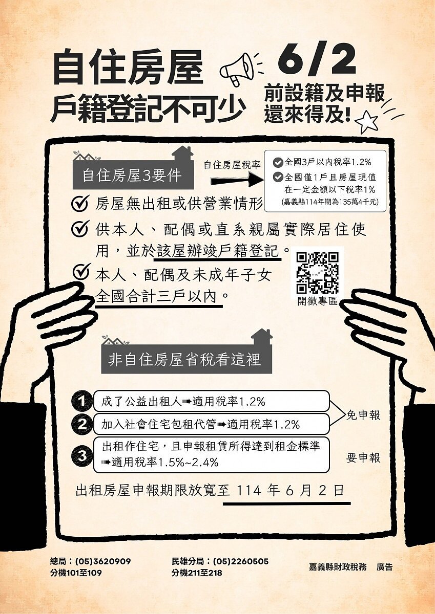 房屋稅2.0出租申報延長到6月2日/嘉義縣府提供