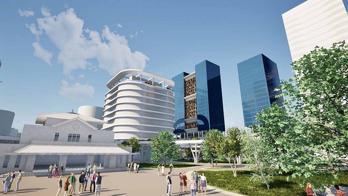 高雄車站及招商基地模擬圖。圖/高雄市都發局提供