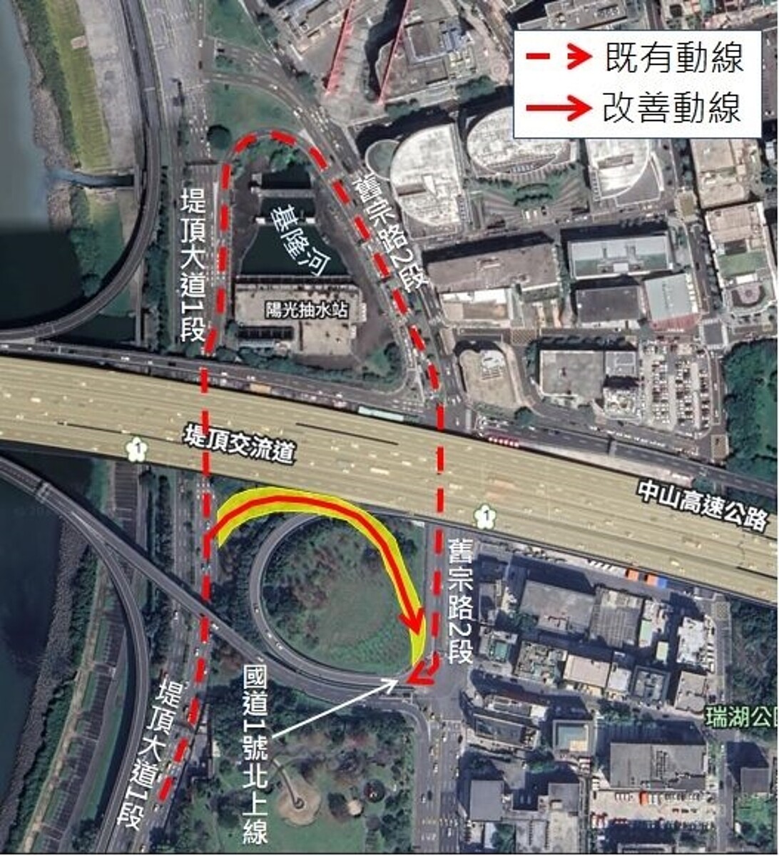 為縮短堤頂大道往國道堤頂交流道北向匝道之動線，預計114年5月18日至25日進行交通管制銑鋪路面。圖／台北市新工處提供