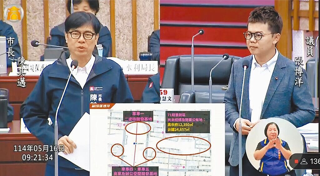 高市議員張博洋(右)16日在議會質詢時,建議高雄市政府可遷移到高雄車站特區,以此帶動區域發展。對此,高雄市長陳其邁(左)答詢表示,這是非常有創意的建議,也確實是可以考慮的方向。(摘自高市議會YOUTUBE頻道/洪浩軒高雄傳真)