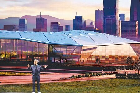 輝達執行長黃仁勳19日於北流進行主題演講,並宣布台灣總部坐落於北士科,背後投影片即是總部設計圖。(鄧博仁攝)