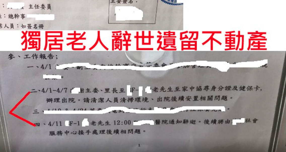 獨家/社區管委會PO公告「獨居老人過世擁2戶房產」尋繼承人!專家:這情況會充公 獨居老人辭世遺留不動產沒有人繼承。圖/讀者提供