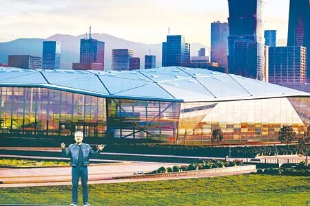 輝達黃仁勳,背後投影片為總部設計圖。圖∕鄧博仁攝