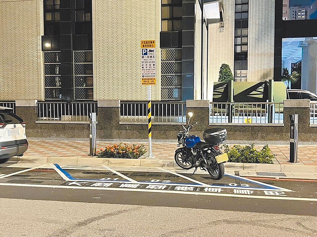 按照法規,大型重機須停放汽車停車格,無法停標準機車停車格,藍綠議員建議,台北市與台中市試辦大型重機可停入標準機車格,新北市應比照試辦。(新北市交通局提供/高鈞麟新北傳真)