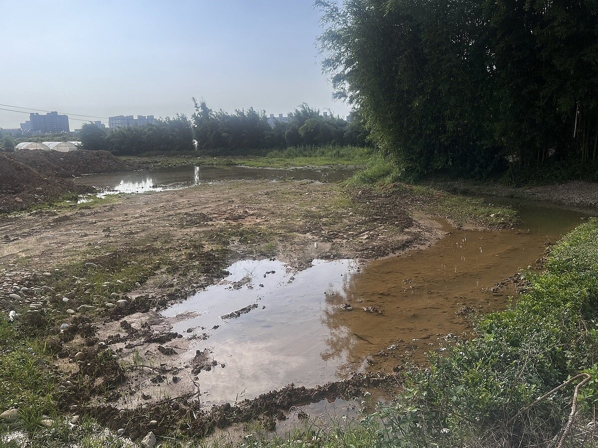 桃園大湳淨水廠旁農地遭非法傾倒廢土,造成積水,民代憂心梅雨季來臨,恐成病媒蚊溫床。圖/議員余信憲提供