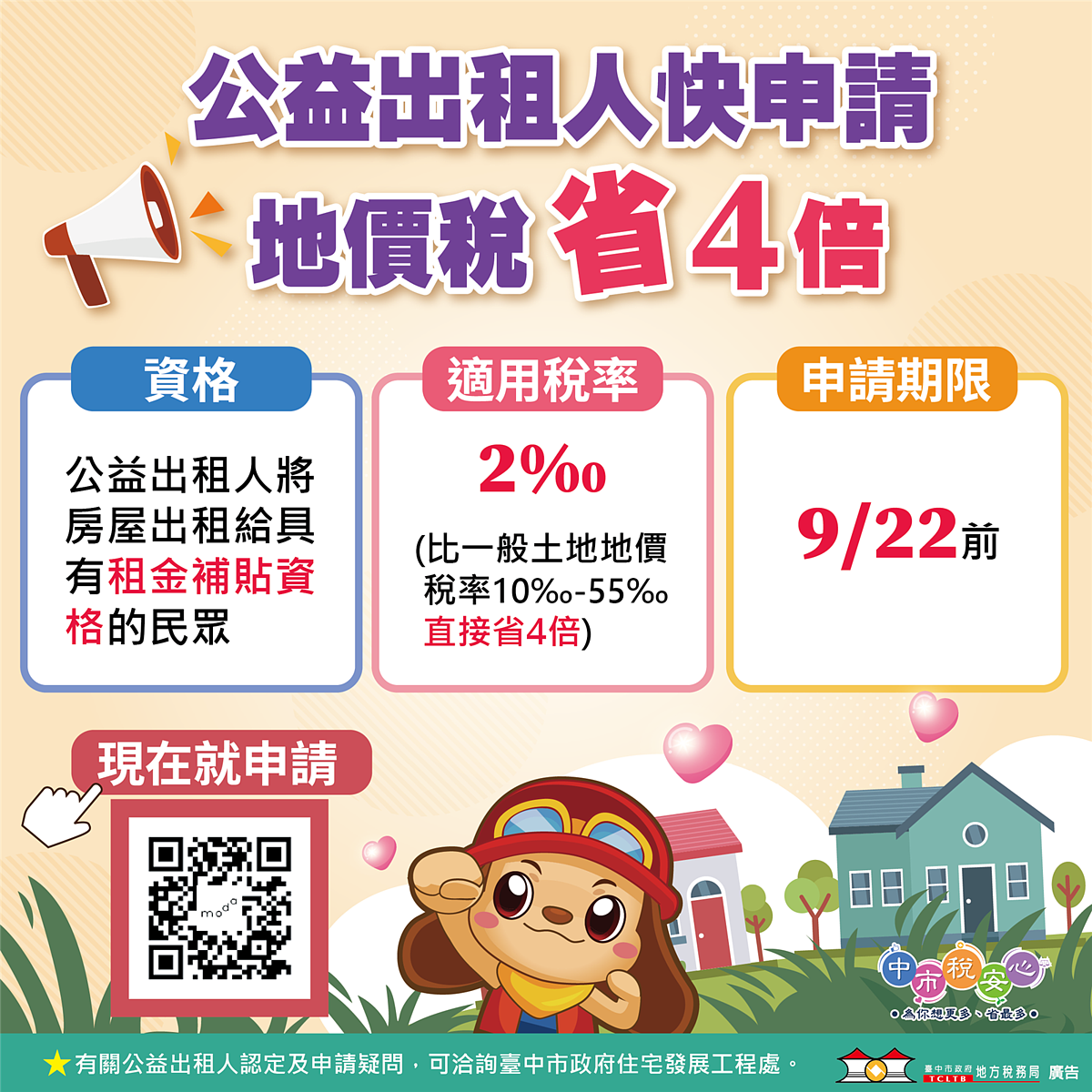 申請公益出租人地價稅馬上減4倍。圖/台中地政局提供