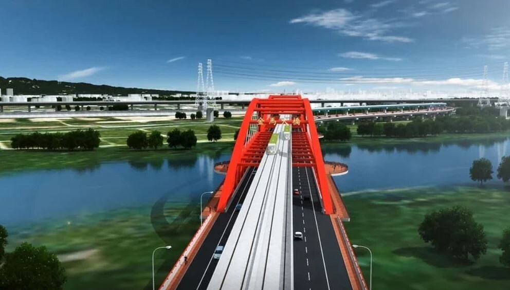 彰化縣金馬大橋原本規畫雙層共構橋體，上層行駛台中綠捷，下層汽車機道，因造價高昂又政隨人移，計畫已修改為單層捷運橋。圖／彰化縣政府提供
