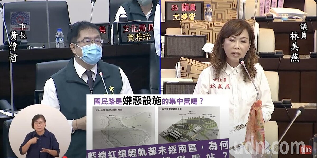 南市議員林美燕(右圖)在議會質詢,針對南區公37用地並非捷運藍線、紅線行經的路線,卻要被設置主變電站,要求市長黃偉哲(左圖)評評理,對此,黃偉哲也承諾,會將變電站遷移至捷運行經路線為主。記者萬于甄/翻攝