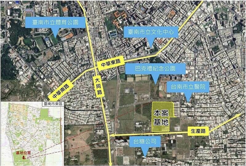 「南市運動藝文休閒園區」(小巨蛋)基地位置示意圖。圖/南市財稅局提供