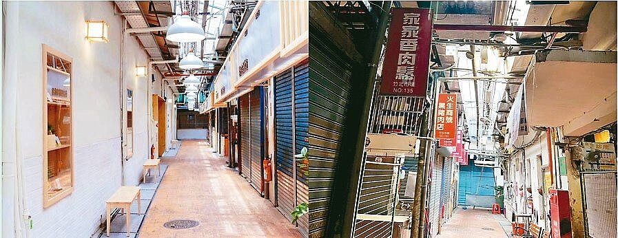 竹北市公所自編逾250萬元,更新竹北傳統市場的屋頂「太子樓」結構,同時美化市場走廊空間,改造前(圖右)、改造後(圖左)差別大。圖/竹北市公所提供
