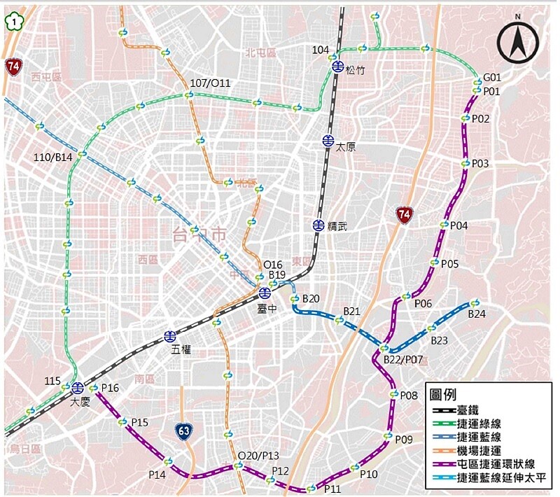 台中捷運全速推進 藍線延伸補件完成、橘線延伸決標啟動 台中捷運藍線延伸太平路線示意圖/捷運工程局提供