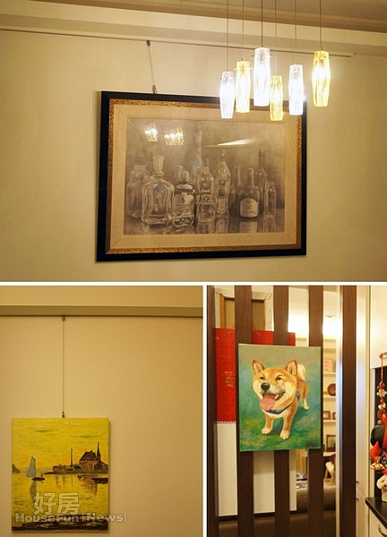 6.包括玄關前的造型樑上、餐廳牆面…等處,都以掛畫做簡單佈置。