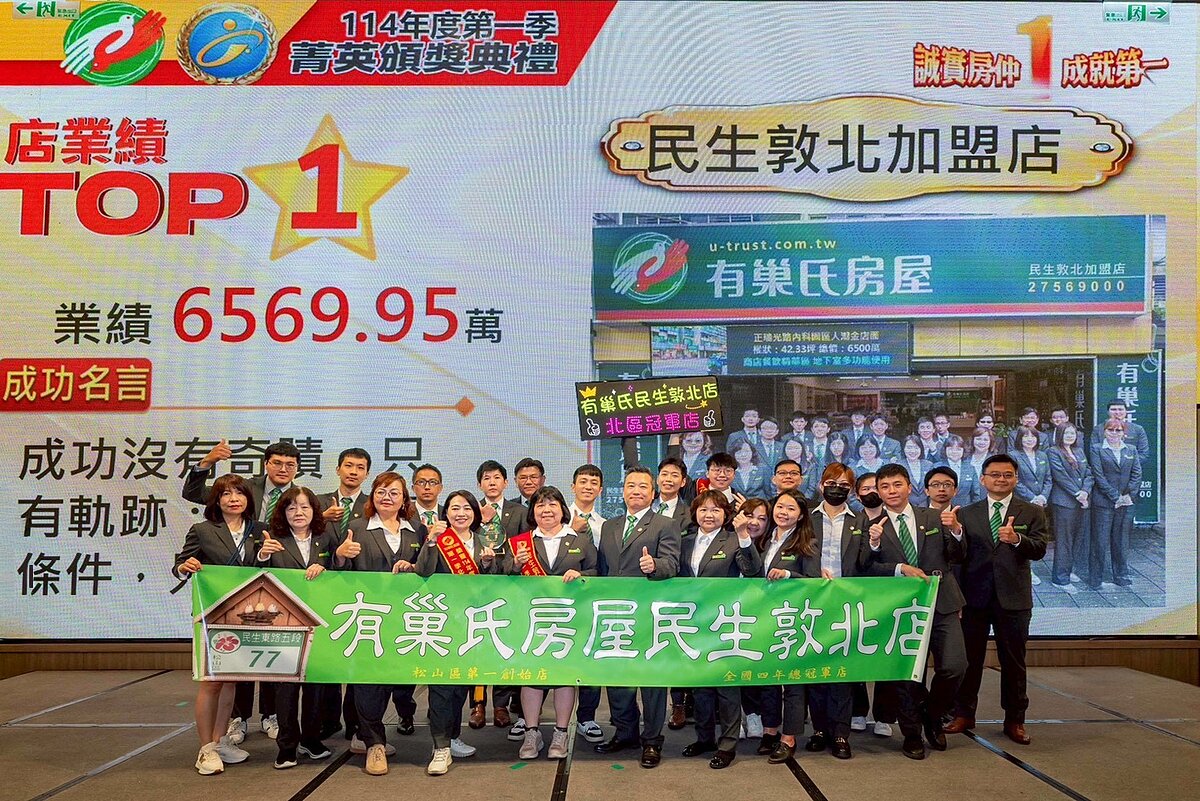 有巢氏房屋民生敦北加盟店一枝獨秀，今年Q1就締造6500萬業績，邁向年度店業績2億目標。圖／永慶房產集團提供