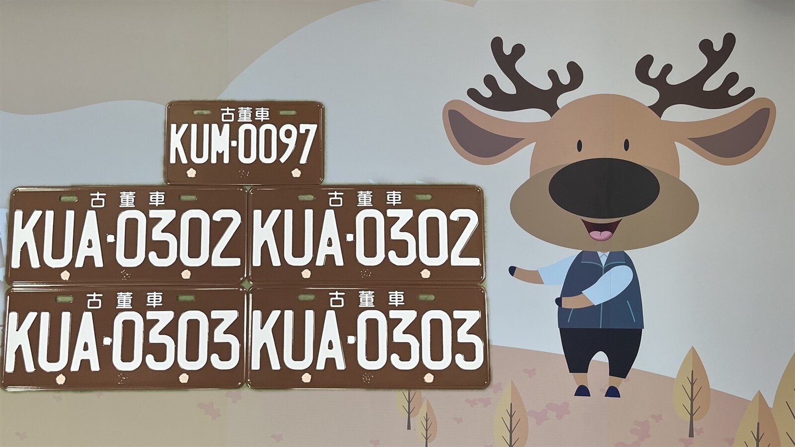 古董汽車「KUA-0302~0303」及古董機車「KUM-0097」車牌。圖:中壢監理站提供