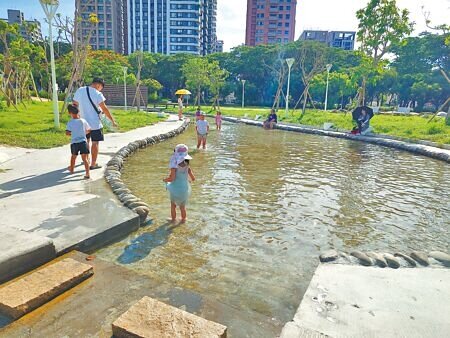 
高雄市藍田特色公園戲水池，遭民眾抱怨池底青苔多容易滑倒，議員希望市府建設特色公園同時，管理維護也要到位。（任義宇攝）
