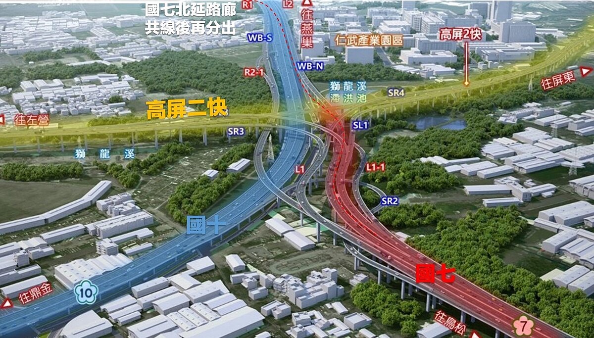 國7仁武系統會是3條高快速公路的交會系統交流道(黃:高屏二快、紅:國七、藍:國十),如果國七要北延,會先和國十共線一小段後再分出。圖/翻攝自臉書「高雄好過日」