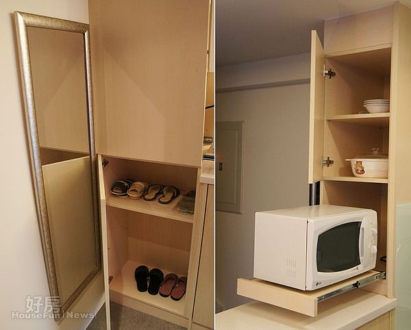 4.玄關即吧台處的兩面三段式功能櫃頗富巧思,第二層為了擺放烤箱也特地在櫃內安裝插頭。