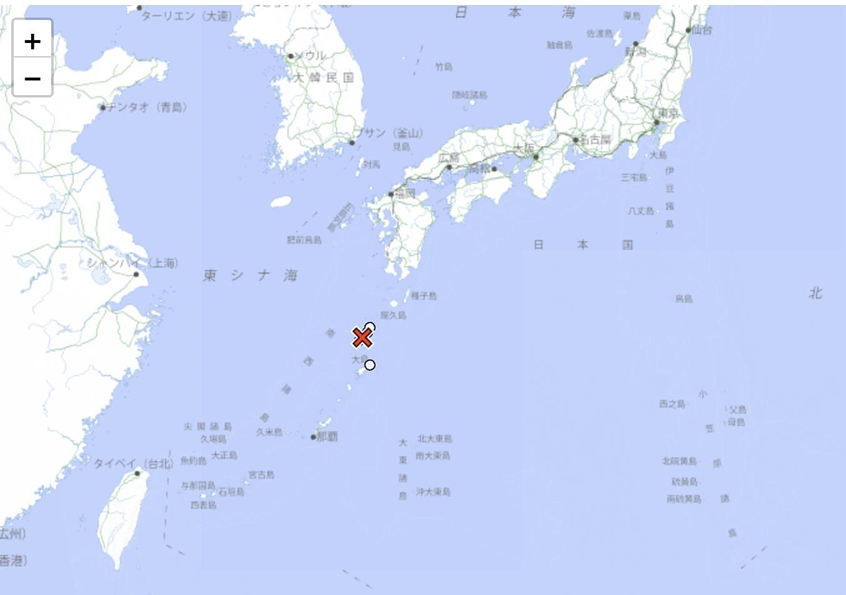 日本鹿兒島縣當地時間30日中午12時36分左右發生規模4.5的地震。圖/取自日本氣象廳官網