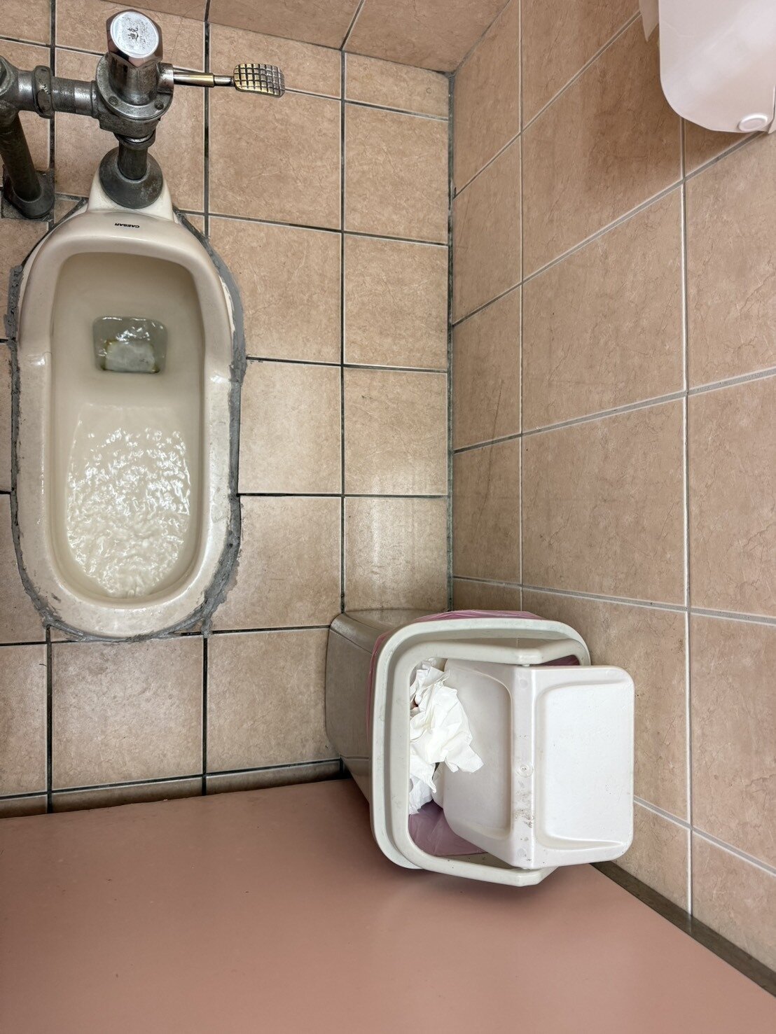 雲林縣政府的廁所標示衛生紙勿丟馬桶,使用人只能投垃圾桶,垃圾桶的衛生紙滿出,有礙衛生。 記者陳雅玲/攝影