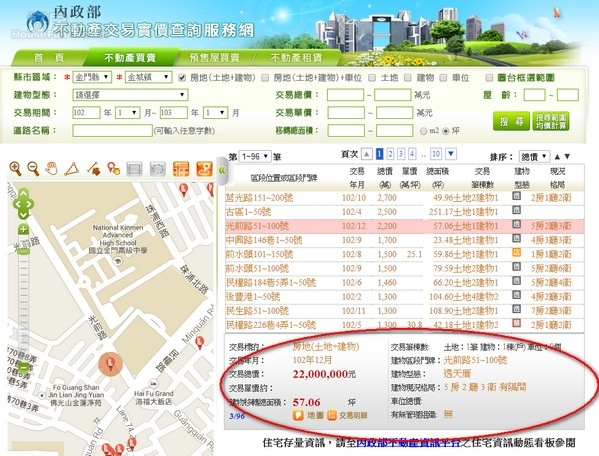 實價登錄金門房價(翻攝內政部實價登錄網站)
