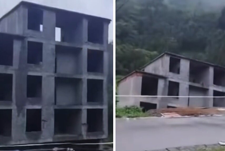 中國大陸南方近日連日暴雨釀災,廣西一棟興建於河岸邊的五層自建房,於7月2日上午發生傾斜後整體倒塌,直接滑入河中。圖/擷自微博「紅星新聞」