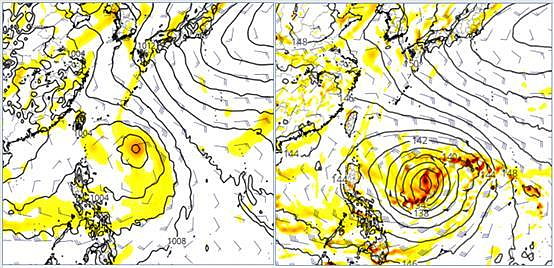 歐洲模式（左圖，取自tropical tidbits）及美國（右圖，取自tropical tidbits）模式，17日20時模擬圖顯示，台灣東方海面有熱帶系統存在，7天後是否帶來威脅，需再觀察。圖／取自「洩天機教室」專欄