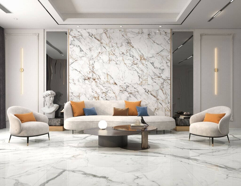 現今居住型態小宅當道,地板採用大規格磁磚,可降低複雜的接縫,能有效延伸視覺和一致性,放大整體空間感。