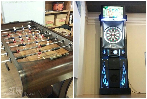 手足球檯,牆角的電子鏢靶,工作累了可以玩一下